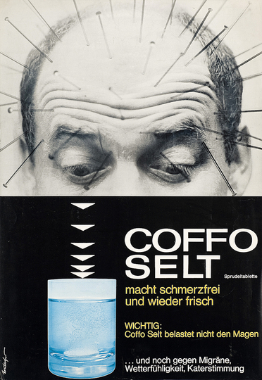 Karl Neubacher: Media Artist, 1926-1978: Karl Neubacher, COFFO SELT (Migraine pain reliever advert), 1967, 95 × 65.8 cm. Courtesy private collection. Photo: Hans Georg Tropper, Graz.