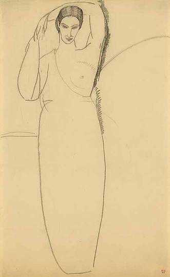 Modigliani: Your real duty is to save your dream: The lyrical, ballet-like pose of the left arm curved around the top of the head,
and biblical quality of the figure suggest Modigliani might initially have
imagined her as a ‘Rebecca at the Well’ like figure resting a vase upon her
head. Such a pose would have unbalanced this regal figure and diminished
her statuesque grace – hence perhaps her very unusual, vase-shaped torso.
During his formative studies in Italy, Modigliani would have studied Della
Quercia’s portrayal of divine feminine grace which perhaps influenced this
drawing.