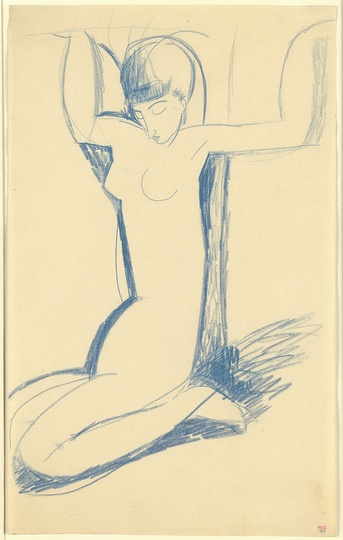 Modigliani: Your real duty is to save your dream: Kneeling Blue Caryatid
c.1911
Blue crayon
43 x 26.5 cm
Courtesy: Richard Nathanson, London. What I am searching for is neither the real nor the unreal, but the mystery of
what is instinctive in the human race, wrote Modigliani in 1907.
Anna Akhmatova [1889-1966] is considered, with Boris Pasternak and
Osip Mandelstam, the greatest Russian poet of the twentieth century. She
met Modigliani in 1910 on honeymoon, during her first visit to Paris. She
returned alone in early 1911 and they became very close.
Akhmatova’s charismatic beauty and grace; her dream-like otherworldliness
and passion for poetry; and her extraordinary, elongated, sensual body had
a mesmerising effect on Modigliani and played a crucial role in defining the
ideal visual form he had been ‘searching for’ to express, most completely and
beautifully, his artistic-spiritual vision.
Unlike the many caryatid figures Modigliani drew whose faces portray
anonymous, often androgynous beings, this drawing portrays a human face
which, as the photograph on p.62 shows, is almost certainly a most tender
and loving portrait of Anna Akhmatova with her oval-shaped face, noted
fringe and long, graceful body.