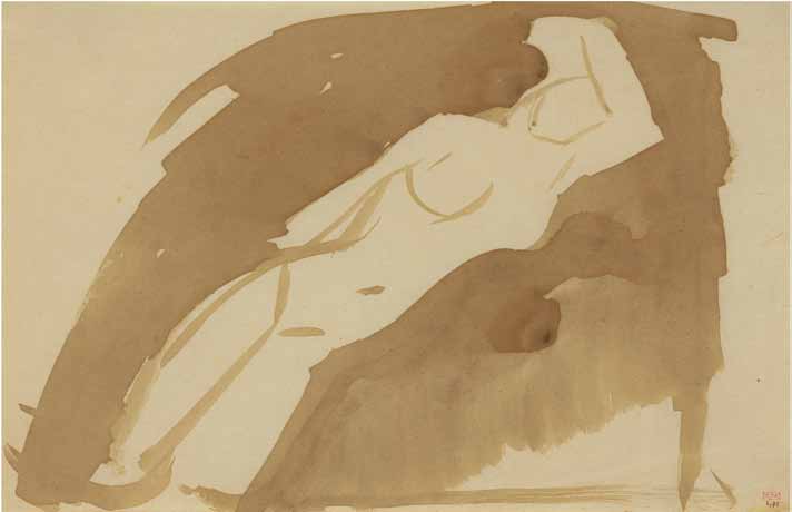 Modigliani: Your real duty is to save your dream: In 1908, Modigliani painted his first known nudes. This sheet was most
probably drawn the following year. And in its elongated, sensual pose resides
the genesis of his great nudes.
Eerily prescient (and recalling his quoted letter to Oscar Ghiglia, eight
years earlier) is a lyrical, symbolically-flowing energy which also defines
Modigliani’s last three nudes of 1919.
Evident too is his great love for Titian.