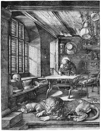 Albrecht Dürer: Melancholia: The third Meisterstiche series 〈Saint Jerome in His Study〉1514, Engraving, 9.7 in × 7.4 in. (24.7 cm × 18.8 cm) Current location: Kupferstichkabinett, Dresden. 